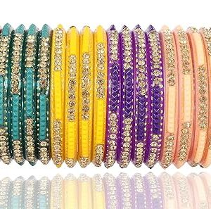 NMII Glass Kada Set For Women and Girls with Zircon Diamond Stone & Beads | Women's Bangles Bracelet | Kada Bangles| Glass Kada