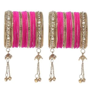ZENEME Gold-Plated Matte Finish Velvet American Diamond Studded Gold Pearl Tasselled Bangles Set Of 56 For Girls and Women